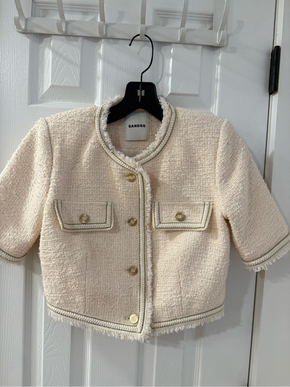 Sandro Ana Ecru Pink Tweed Cropped Jacket NWOT Size 34